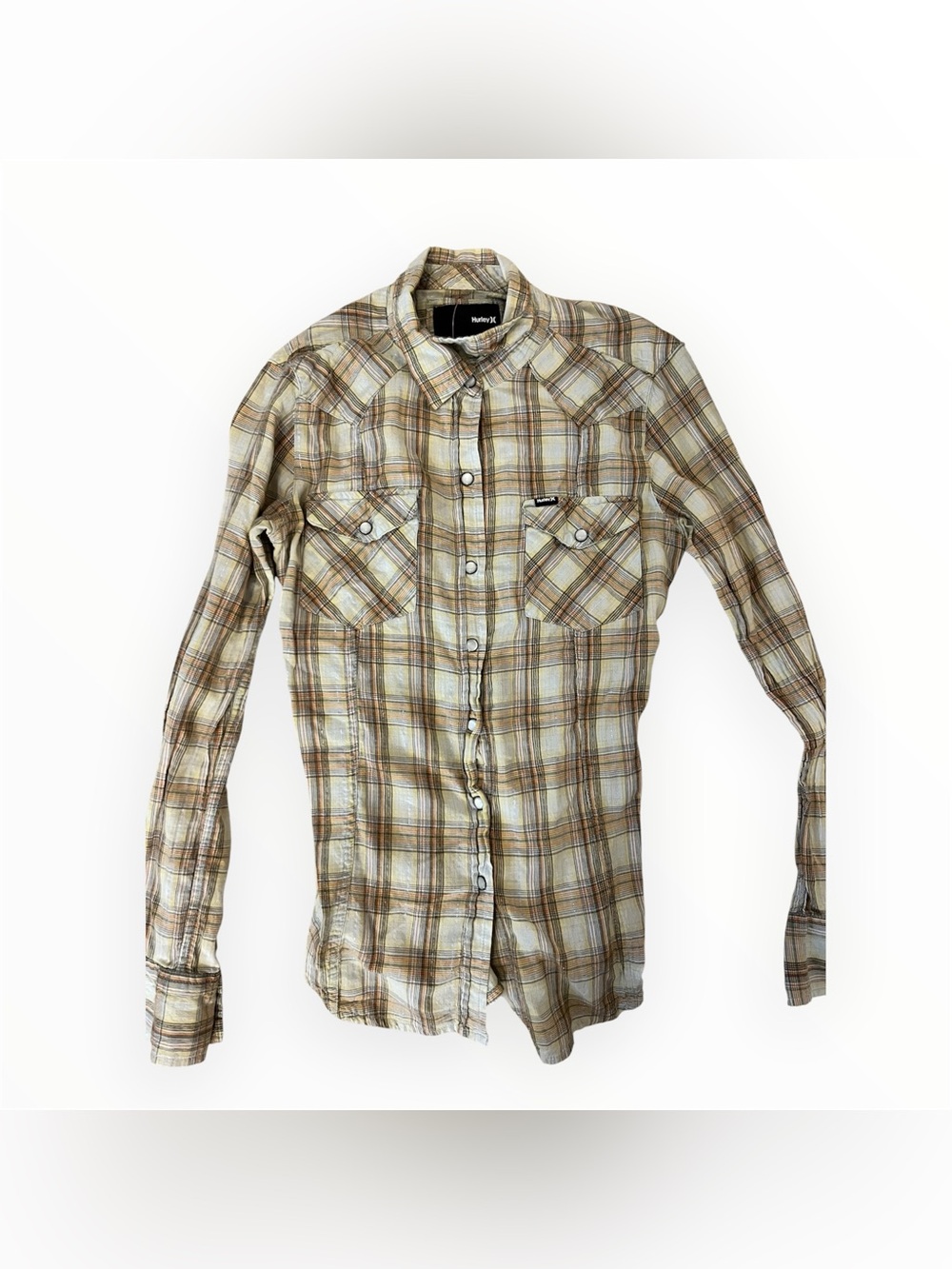 Hurley Women’s Plaid Pearl Snap Western Shirt XS | Smocked Back | Long Sleeve